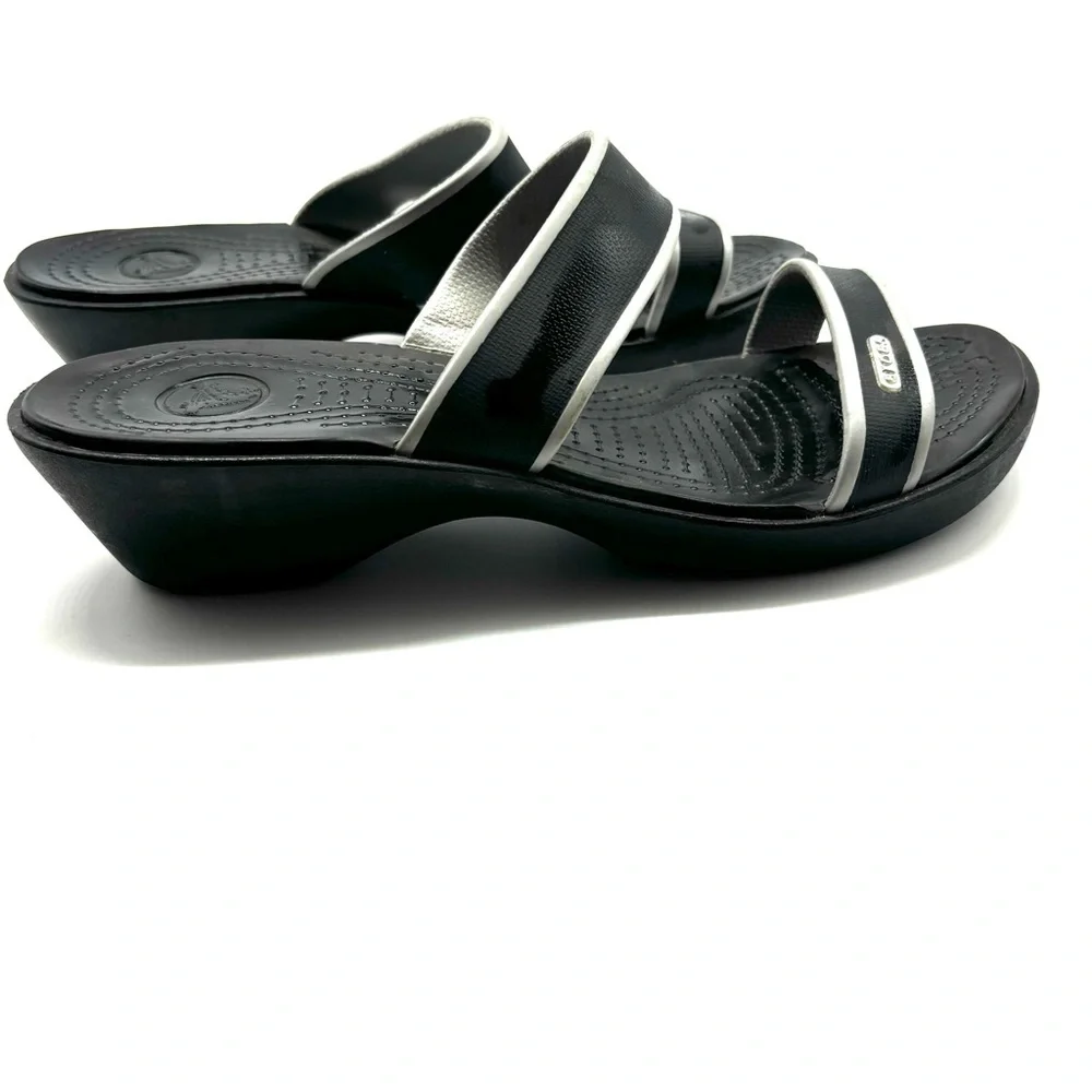NWOT CROCS Shima wedge slide sandals black w/ silver edging SZ 9